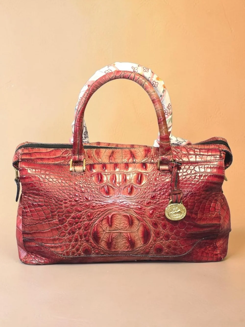 Brahmin Red Crocodile-Embossed Leather Satchel/Crossbody Bag - GUC